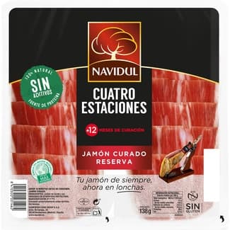 Jamón curado Reserva Cuatro Estaciones en medias lonchas sin gluten y sin lactosa envase 138 g pack 2 x 69 g - Navidul