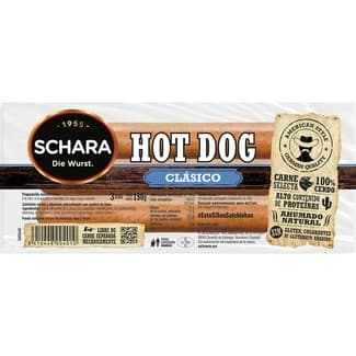 Salchichas carne selecta Hot Dog clásico 100% cerdo sin gluten 3 piezas envase 150 g - Schara