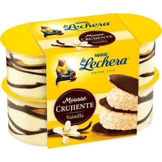 Mousse de vainilla con finas y crujientes láminas de cacao pack 4 unidades 57 g - La Lechera