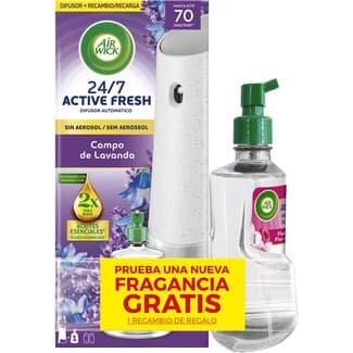 Ambientador difusor automático Active Fresh Campo de Lavanda 24/7 sin aeroso aparato + recambio + 1 recambio de regalo - Air Wick