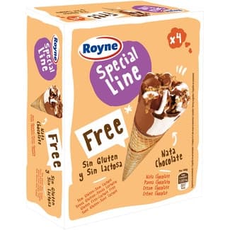 Conos de helado sabor nata chocolate sin gluten y sin lactosa 4 unidades estuche 480 ml - Royne