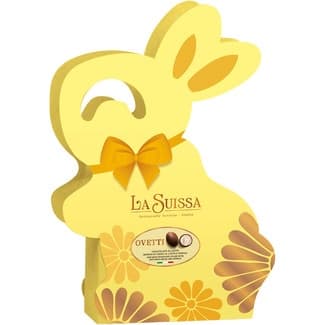 Huevos de Pascua de chocolate con leche rellenos de cacao y cereales en estuche 200 g con forma de conejo, distintos envases se surten según existencias - La Suissa