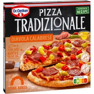 Pizza diavola calabrese con salami y 2 pepperoni en horno de piedra estuche 375 g - Dr.oetker Tradizionale