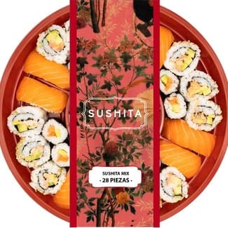 Sushi Mix 28 piezas bandeja 610 g con salsa de soja, wasabi y palillos - Sushita