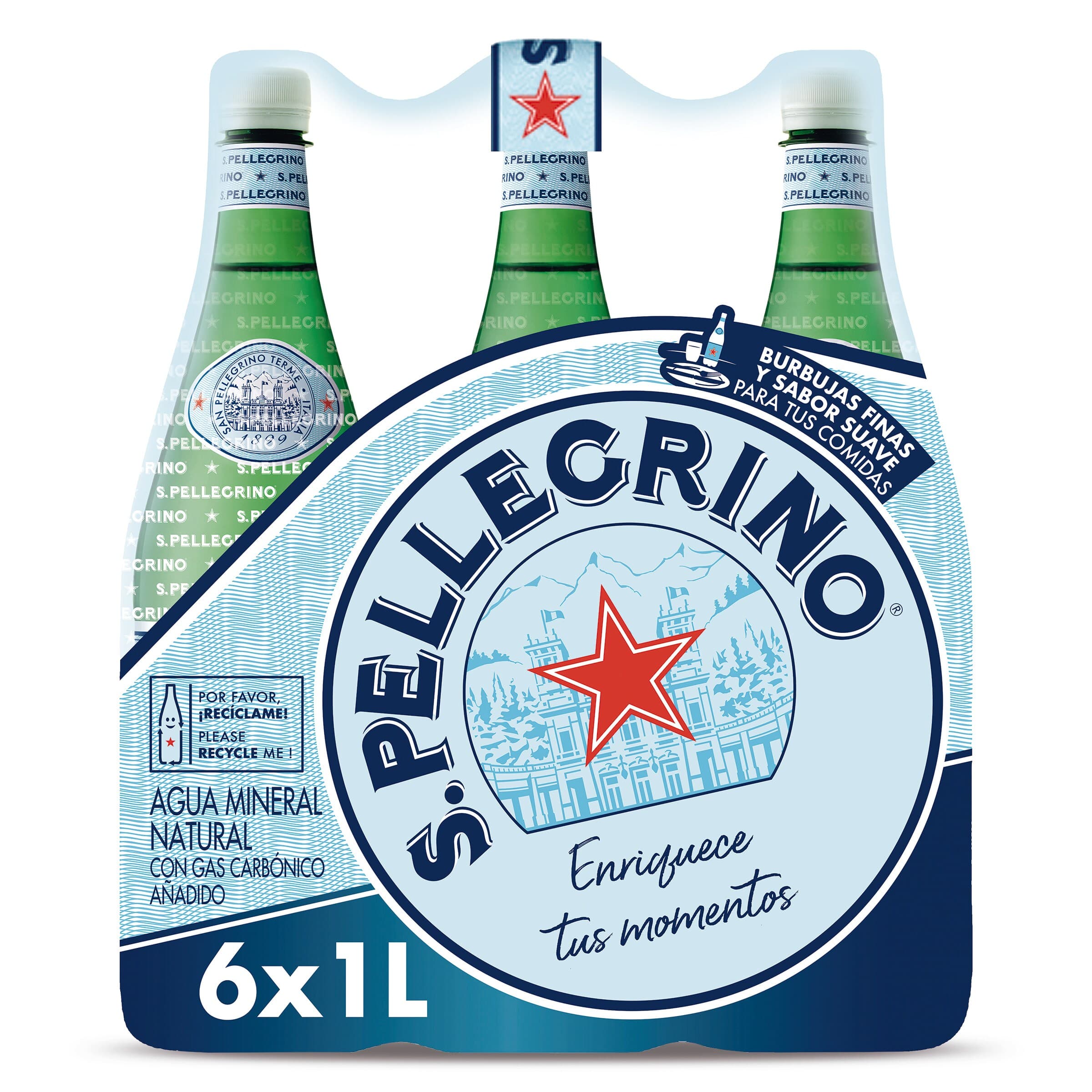 Agua mineral con gas San Pellegrino pack 6 x 1 L