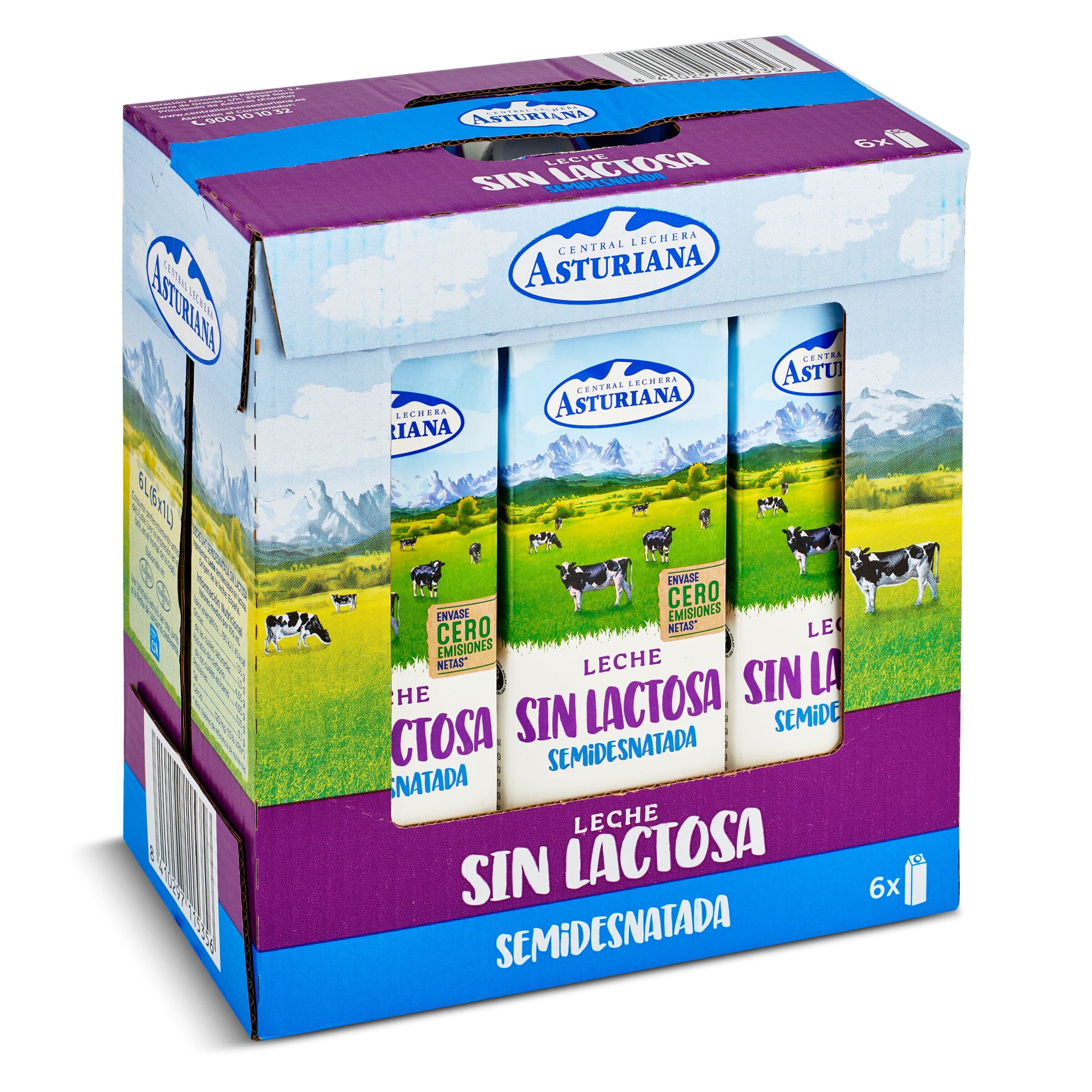 Leche semidesnatada sin lactosa Central Lechera Asturiana pack 6 x 1 L