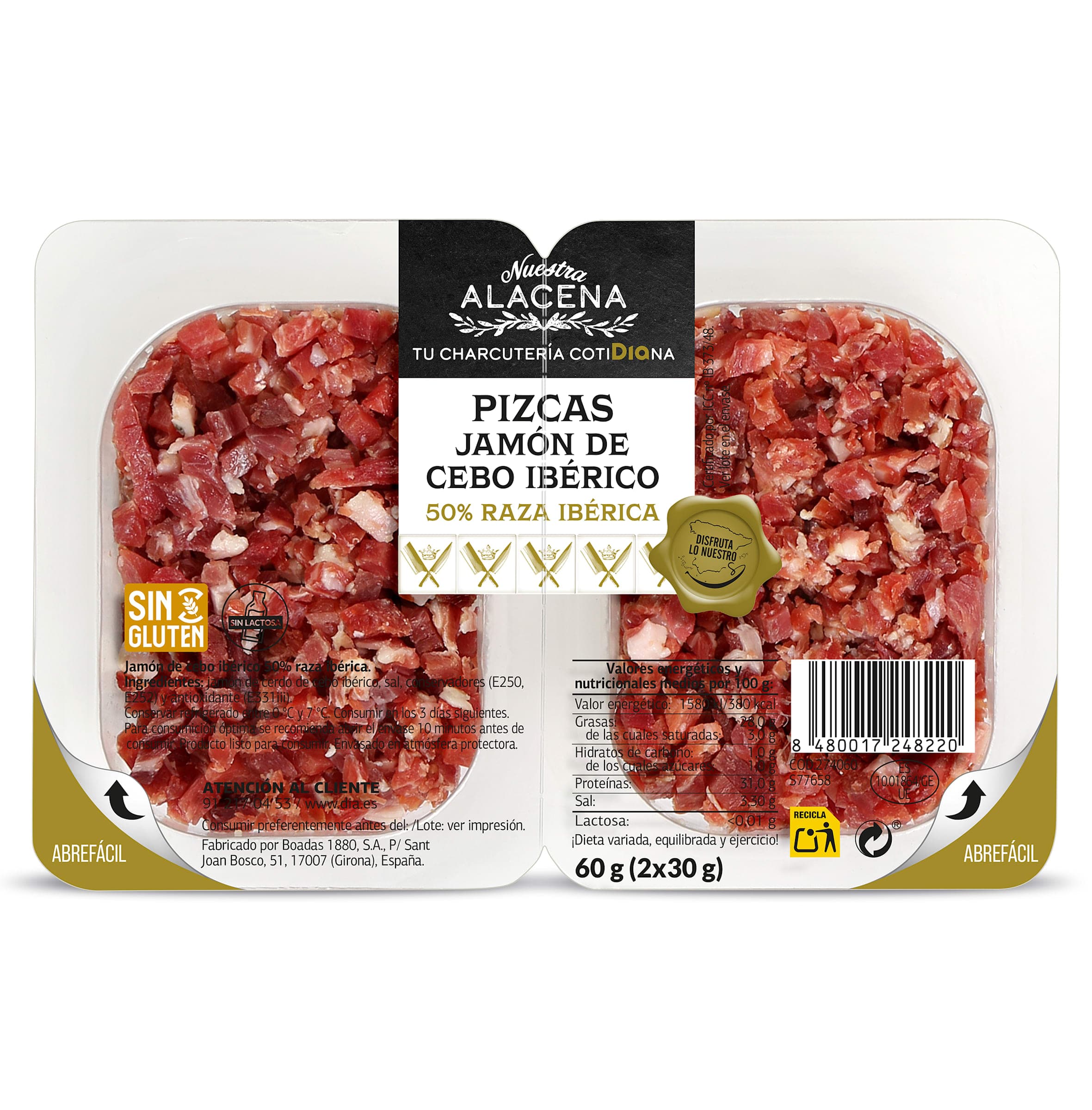 Pizcas de jamón de cebo 50 % raza ibérica Dia Nuestra Alacena 60 g