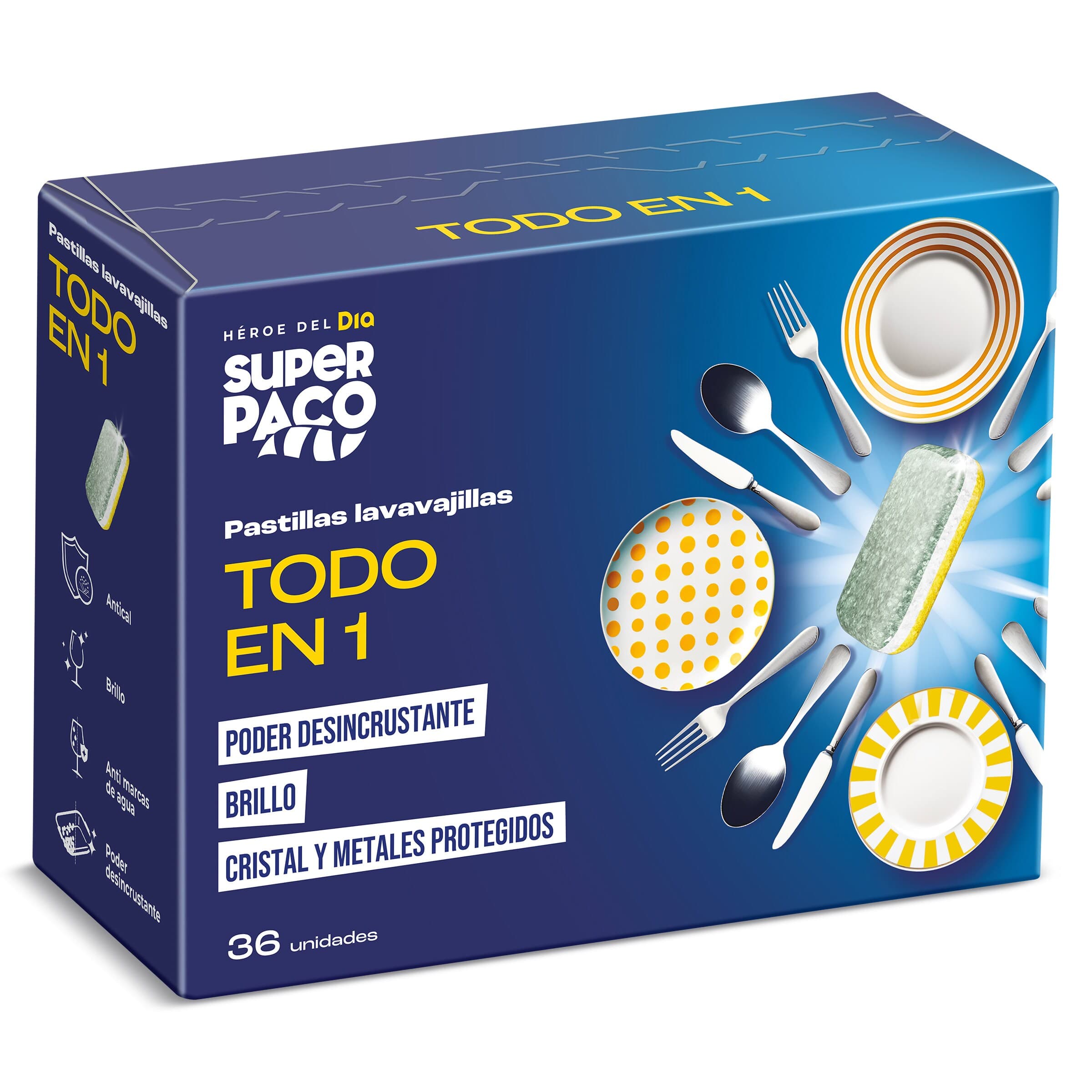 Lavavajillas máquina todo en 1 Super Paco de Dia caja 36 unidades
