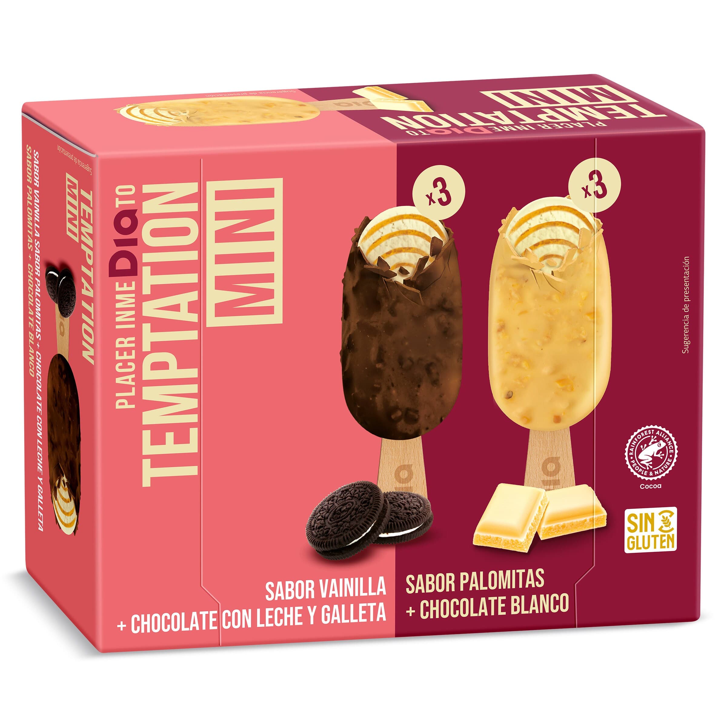 Helado bombón mini popcorn y cookies 6 unidades Dia Temptation 216 g