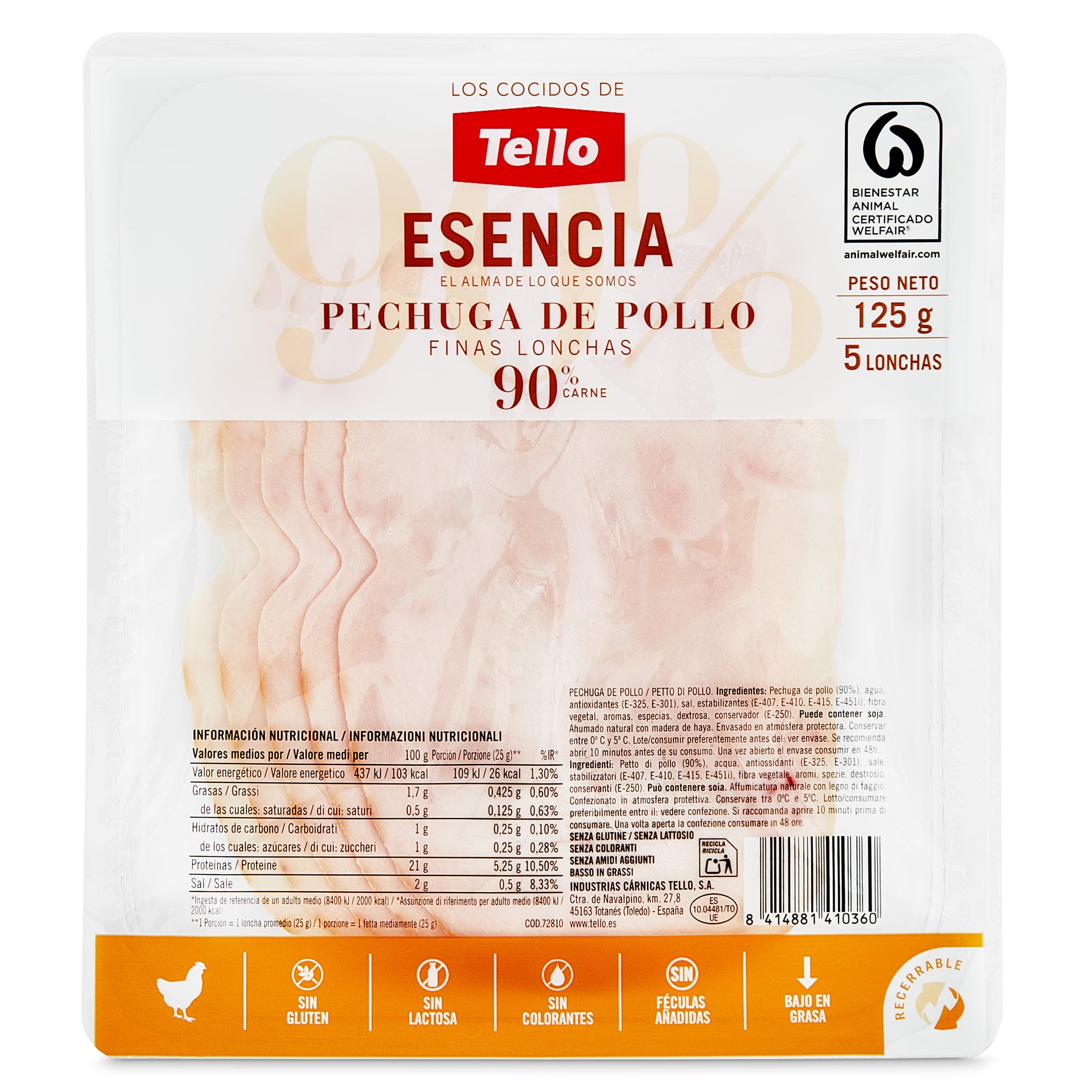 Pechuga de pollo 90% Tello 125 g