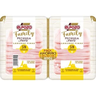 Family pechuga de pavo sin grasa en lonchas finas sin gluten sin lactosa pack 2 x 200 g envase 400 g - Elpozo
