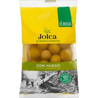 Aceituna verde manzanilla fina con hueso pack 3 bolsas 65 g neto escurrido - Jolca
