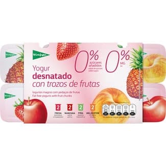 Yogur con trozos de frutas 2 fresa + 2 manzana + 2 piña + 2 melocotón desnatado 0% m.g. 0% azúcares añadidos pack 8 unidades 125 g - El Corte Ingles