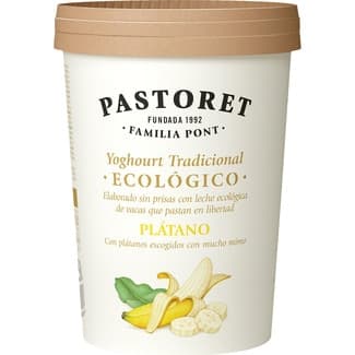 Yogur con plátano azucarado con leche de vacas que pastan en libertad sin gluten ecológico envase 500 g - Pastoret