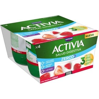 Triple Zero bífidus con trozos de fresa desnatado 0% m.g. 0% azúcares añadidos pack 4 unidades 120 g sin gluten sin lactosa - Danone Activia