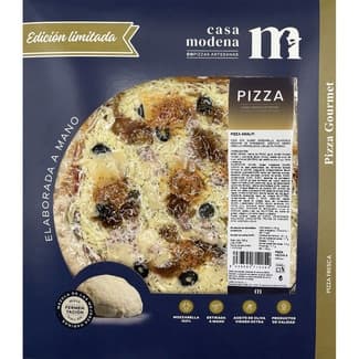 Ed. limitada pizza amalfi mozzarella, guanciale, escamas de parmesano, aceituna negra, envase 450 g cebolla caramelizada, salsa putanesca masa madre fermentación lenta 48h - Casa Modena