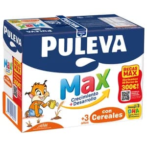 PULEVA Max crecimiento + desarrollo Bebida láctea infantil, enriquecida con cereales, calcio, hierro, 12 vitaminas y Omega 3 6 x 1 l.