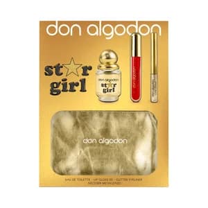 DON ALGODÓN Star girl Neceser metalizado con eau de toilette, brillo de labios 3D y eyeliner brillante.