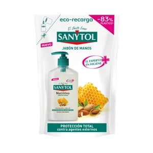 SANYTOL Recambio de jabón de manos líquido con almendras y jalea real y acción nutritiva 200 ml.