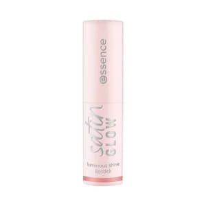 ESSENCE Satin glow tono 02 Blushin it, nude rosado Barra de labios cremosa, acabado luminoso.