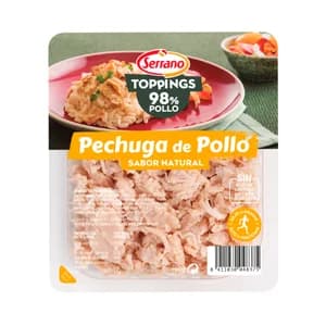 SERRANO Toppings Fiambre de pechuga de pollo al natural, cortada en tiras 140 g.