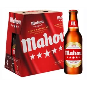 MAHOU 5 ESTRELLAS Cervezas pack de 6 botellas. 25 cl.