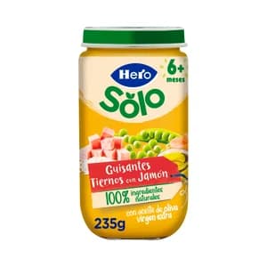 HERO Solo Tarrito de guisantes tiernos con jamón (textura suave), a partir de 6 meses 235 g.