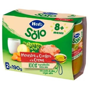 HERO Solo Tarrito de menestra de cordero a la crema (textura con trocitos), a partir de 8 meses 2 x 190 g.