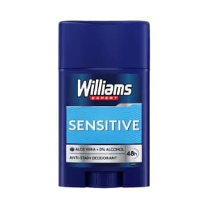 WILLIAMS Expert sensitive Desodorante en stick (barra) para hombre, sin alcohol y con aloe vera 75 ml.