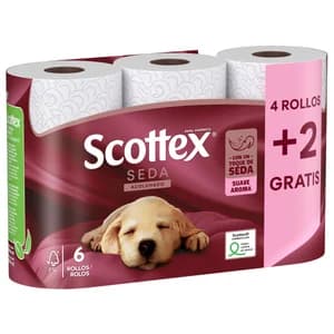 SCOTTEX Seda Papel higiénico acolchado con un toque de seda y aroma suave 6 rollos.