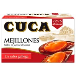 CUCA Mejillones fritos en aceite de oliva,salsa Gallega, 12/16 piezas lata de 65 g.