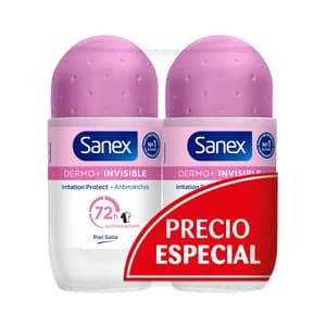 SANEX Dermo+ invisible Desodorante roll-on para mujer, antitranspirante hasta 72 horas 2 x 50 ml.