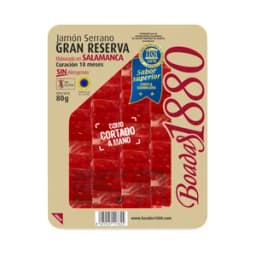 BOADAS Jamón serrano gran reserva, con curación de 18 meses y cortado en finas lonchas BOADAS 1880 80 g.