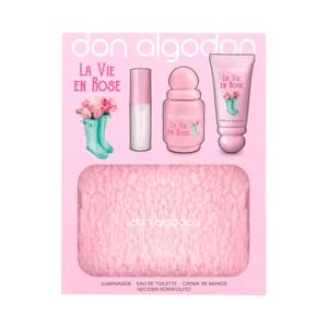 DON ALGODÓN La vie en rose Neceser para mujer con colonia, iluminador y crema de manos.