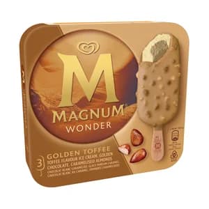 MAGNUM Wonder Bombón helado de nata con interior de datiles y caramelo, recubierto de chocolate blanco con caramelo 3 x 90 ml.