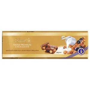 LINDT Chocolate suizo de leche con uvas pasas y avellanas enteras 300 g.