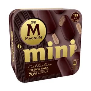 MAGNUM Mini bombón helado de chocolate (70% cacao) y recubierto de chocolate crujiente collection 6 x 55 ml.