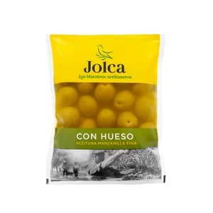 JOLCA Aceitunas verdes manzanilla fina con hueso bolsa de 100 g.