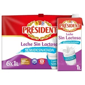 PRESIDENT Leche de vaca semidesnatada y sin lactosa de origen 100% española 6 x 1 l.