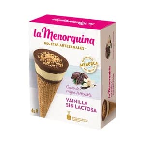 LA MENORQUINA Cono de vainilla y chocolate, sin lactosa recetas artesanales 4 X 120 ml.