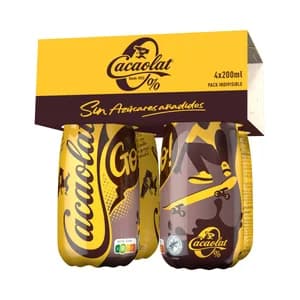 CACAOLAT Batido de chocolate con stevia y sin azúcares añadidos CACAOLAT 0% 4 x 200 ml.