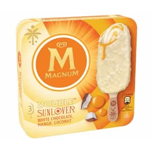 MAGNUM Bombón helado sabor chocolate blanco, coco y mango 3 x 85 ml.