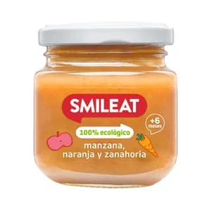 SMILEAT Tarrito de fruta y hortalizas 100% ecológicas (manzana, naranja y zanahoria), a partir 6 meses 130 g.
