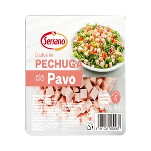 SERRANO Dados de pechuga de pavo cocida, sin gluten ni lactosa 150 g.