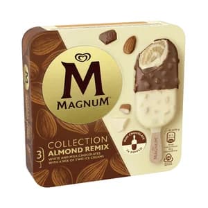MAGNUM Almond remix Bombón almendrado con helado sabor almendra, recubierto de chocolate con leche y chocolate blanco 3 x 85 ml.