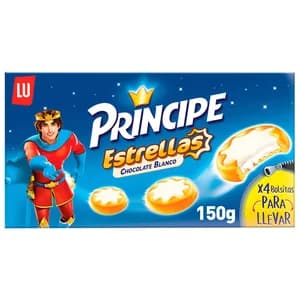 PRÍNCIPE Galletas Estrellas rellenas de crema de leche y cubiertas de chocolate blanco 150 g.
