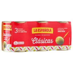 LA ESPAÑOLA Aceitunas verdes rellenas de anchoa LA ESPAÑOLA Clásicas pack de 3 latas de 50 g.