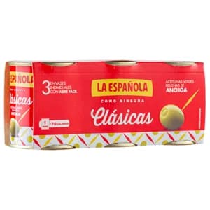 LA ESPAÑOLA Aceitunas verdes rellenas de anchoa LA ESPAÑOLA Clásicas pack de 3 latas de 50 g.