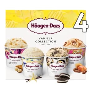 HÄAGEN-DAZS Mini tarrinas de helado de vainilla con caramelo, cookies, o nueces de Macadamia 4 x 100 ml.