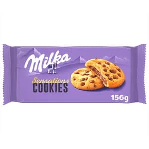 MILKA Sensations galleta con Pepitas de Chocolate y Relleno de Chocolate con Leche de los Alpes paquete 156 g.